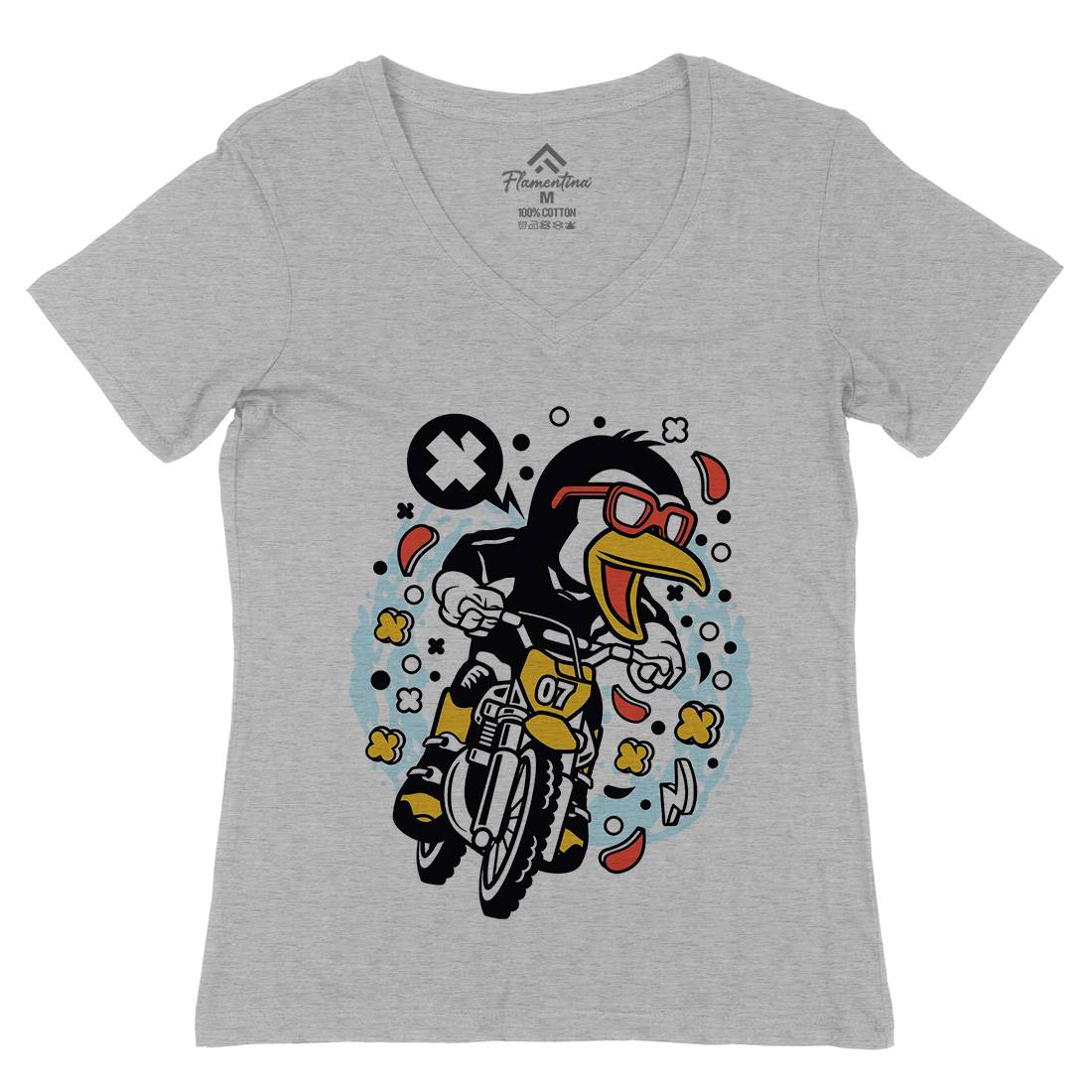 Penguin Motocross Rider Womens Organic V-Neck T-Shirt Motorcycles C604