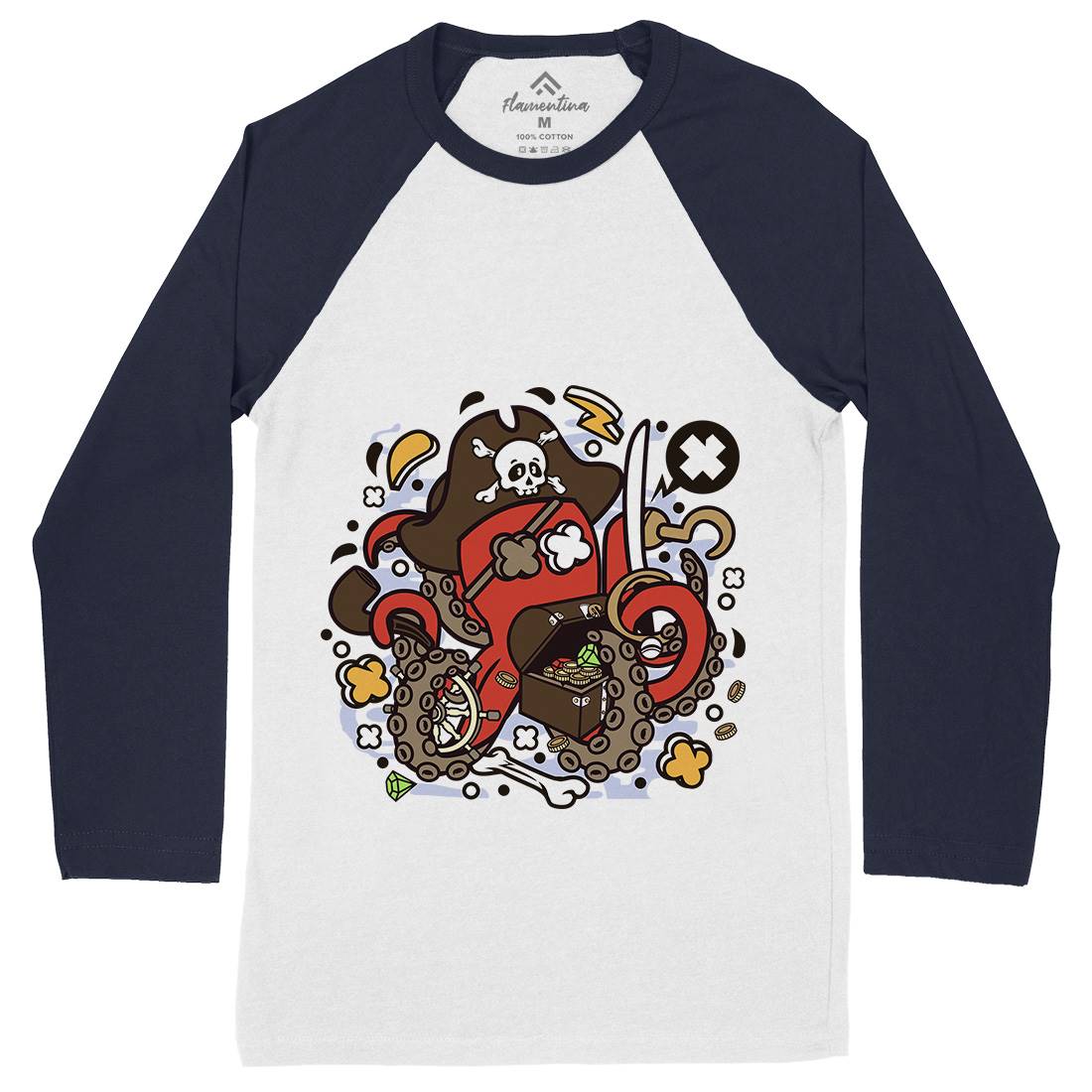 Pirate Octopus Mens Long Sleeve Baseball T-Shirt Navy C607