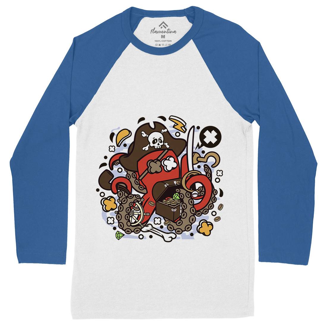 Pirate Octopus Mens Long Sleeve Baseball T-Shirt Navy C607