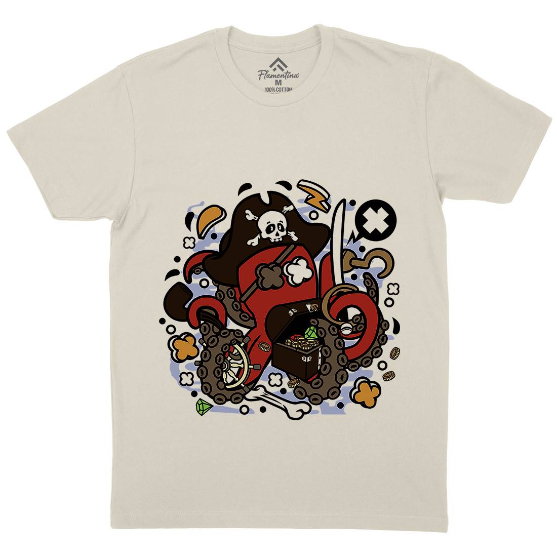 Pirate Octopus Mens Organic Crew Neck T-Shirt Navy C607