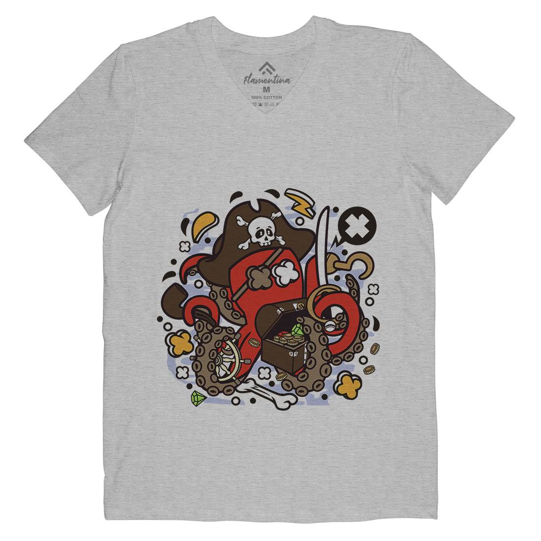 Pirate Octopus Mens Organic V-Neck T-Shirt Navy C607