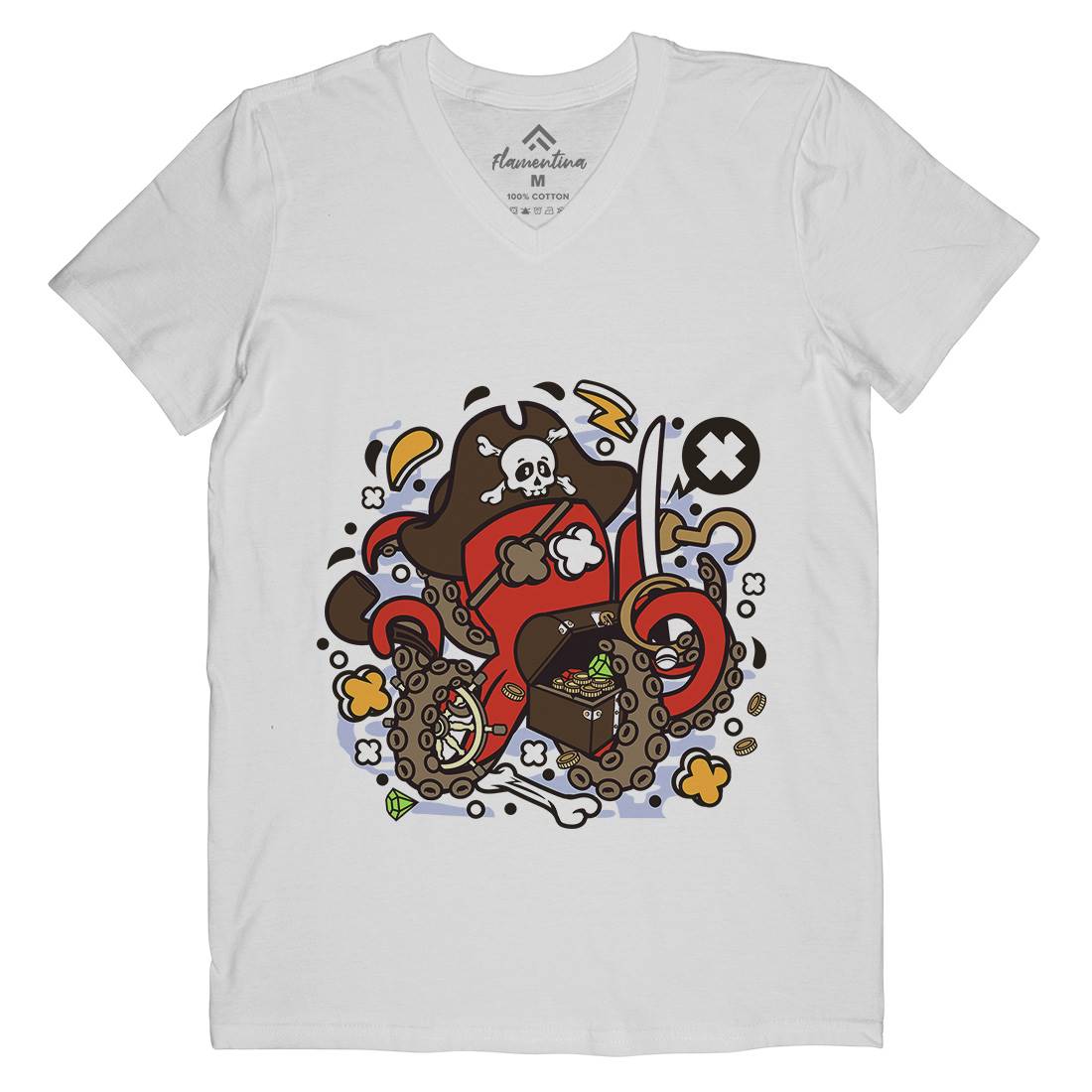 Pirate Octopus Mens Organic V-Neck T-Shirt Navy C607