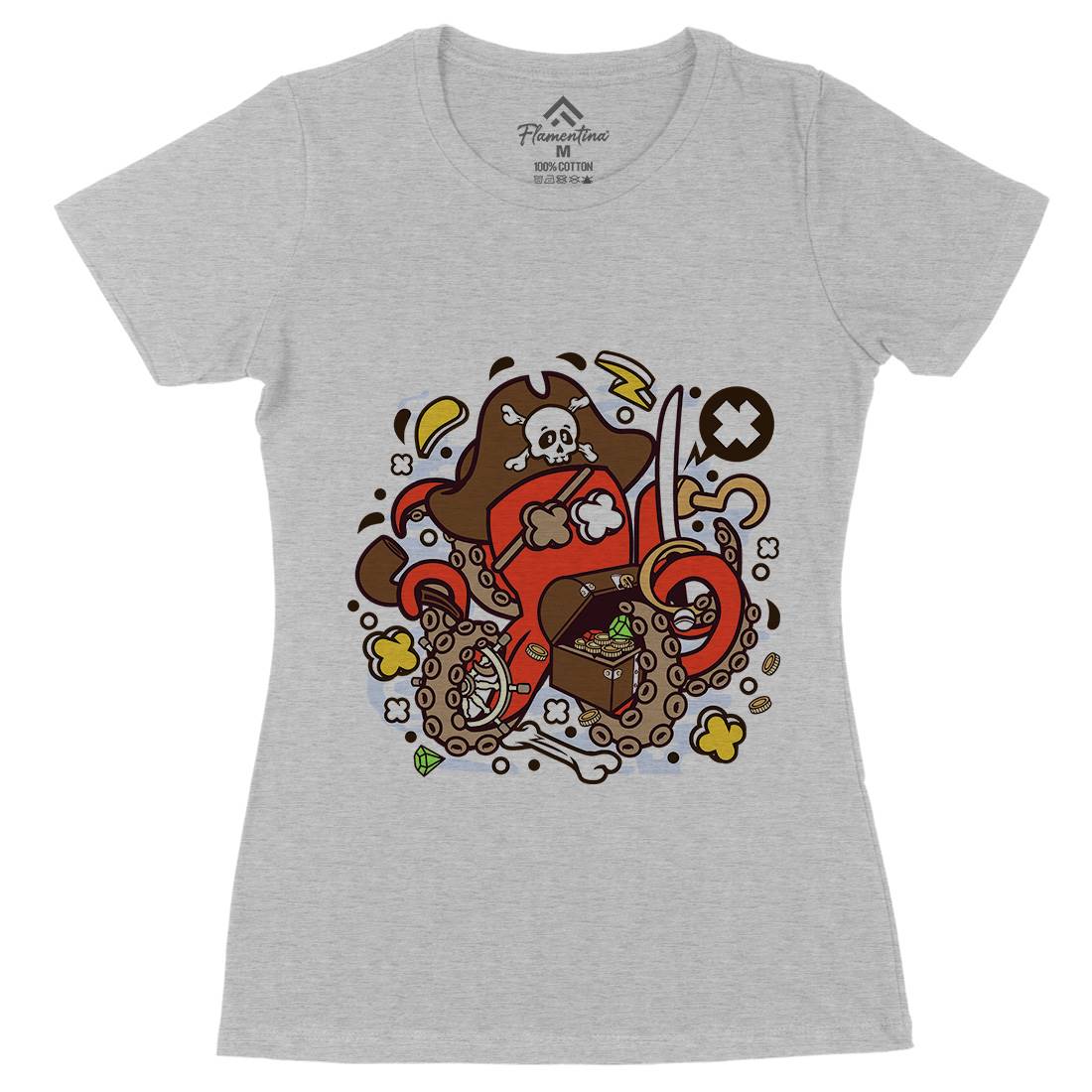 Pirate Octopus Womens Organic Crew Neck T-Shirt Navy C607