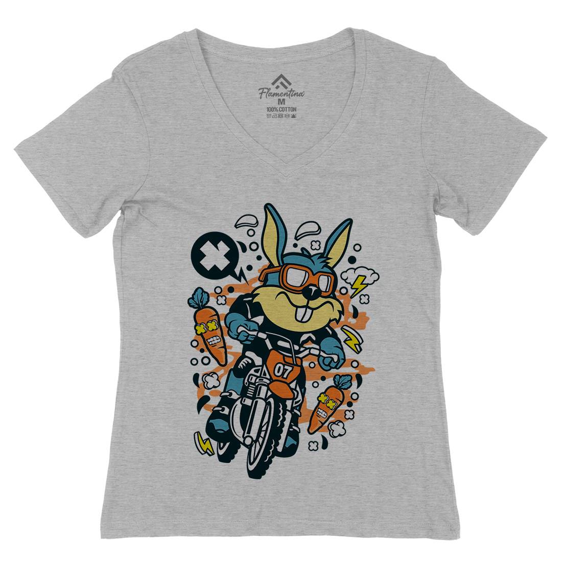 Rabbit Motocross Rider Womens Organic V-Neck T-Shirt Motorcycles C613