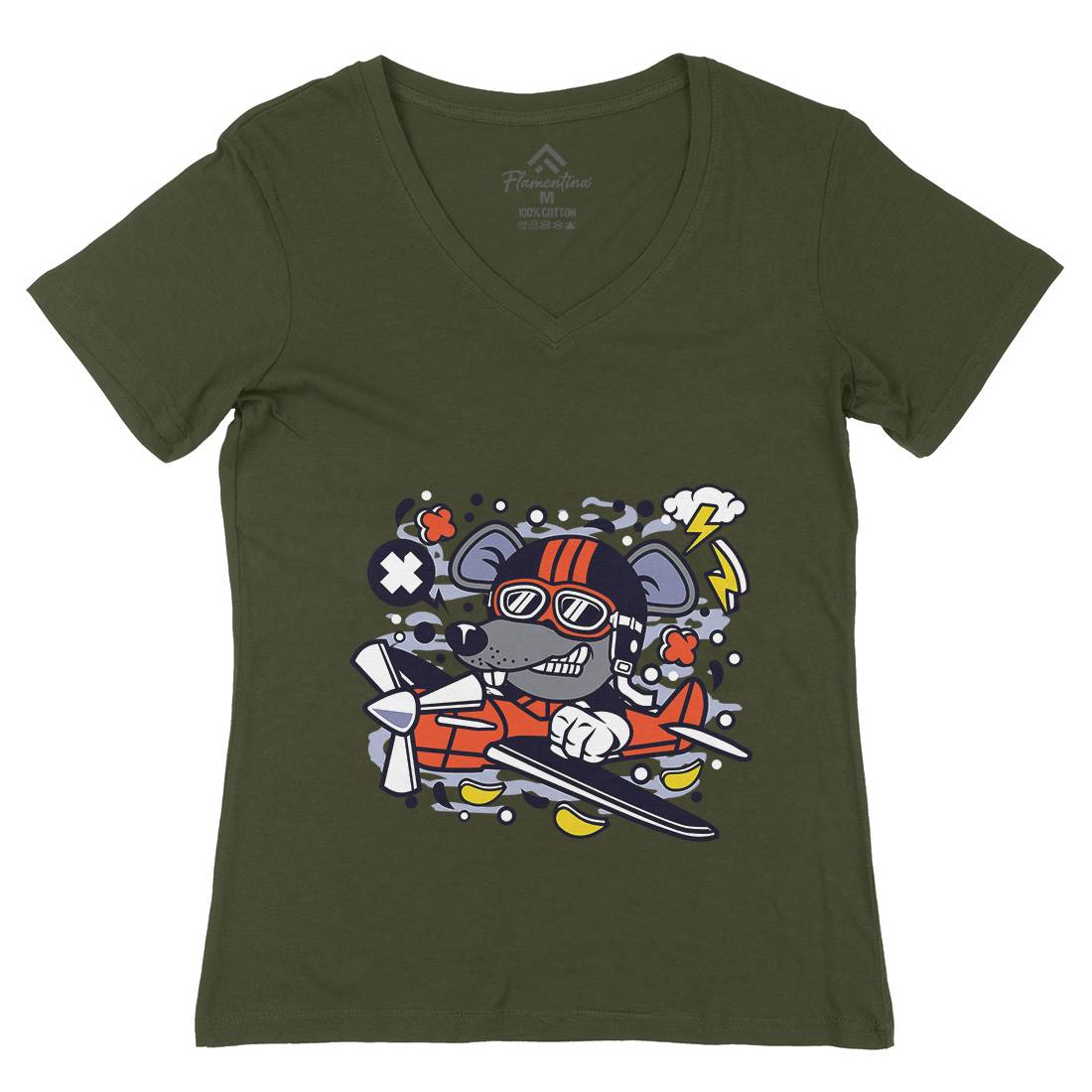 Rat Pilot Womens Organic V-Neck T-Shirt Army C625