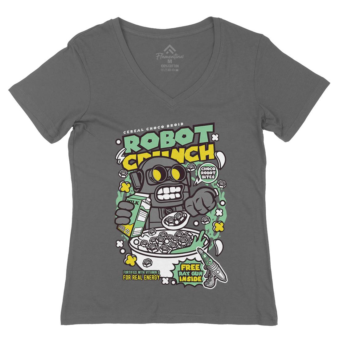 Robot Crunch Womens Organic V-Neck T-Shirt Food C634