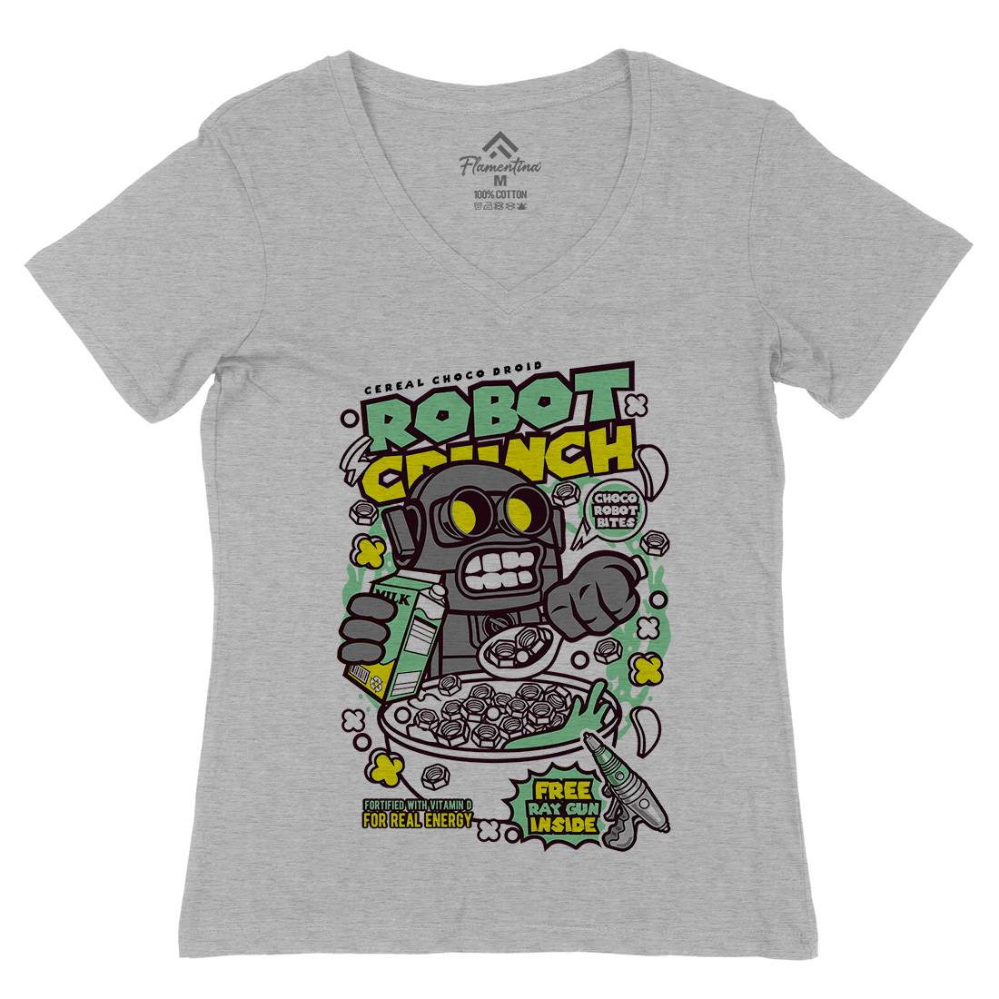 Robot Crunch Womens Organic V-Neck T-Shirt Food C634