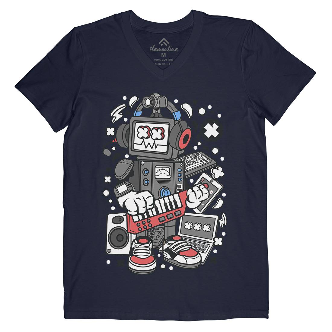 Robot Machine Mens V-Neck T-Shirt Music C635