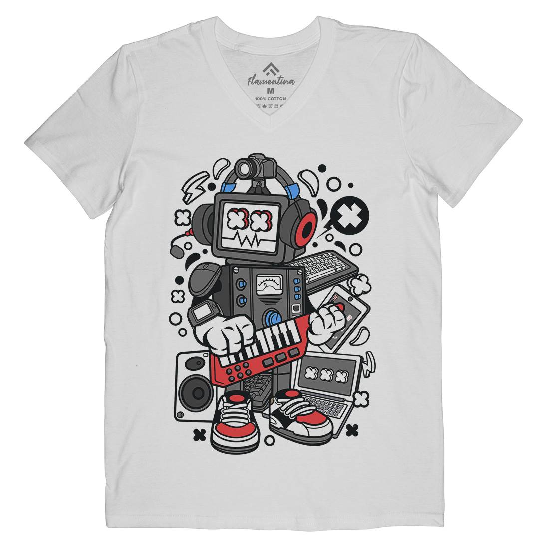 Robot Machine Mens Organic V-Neck T-Shirt Music C635