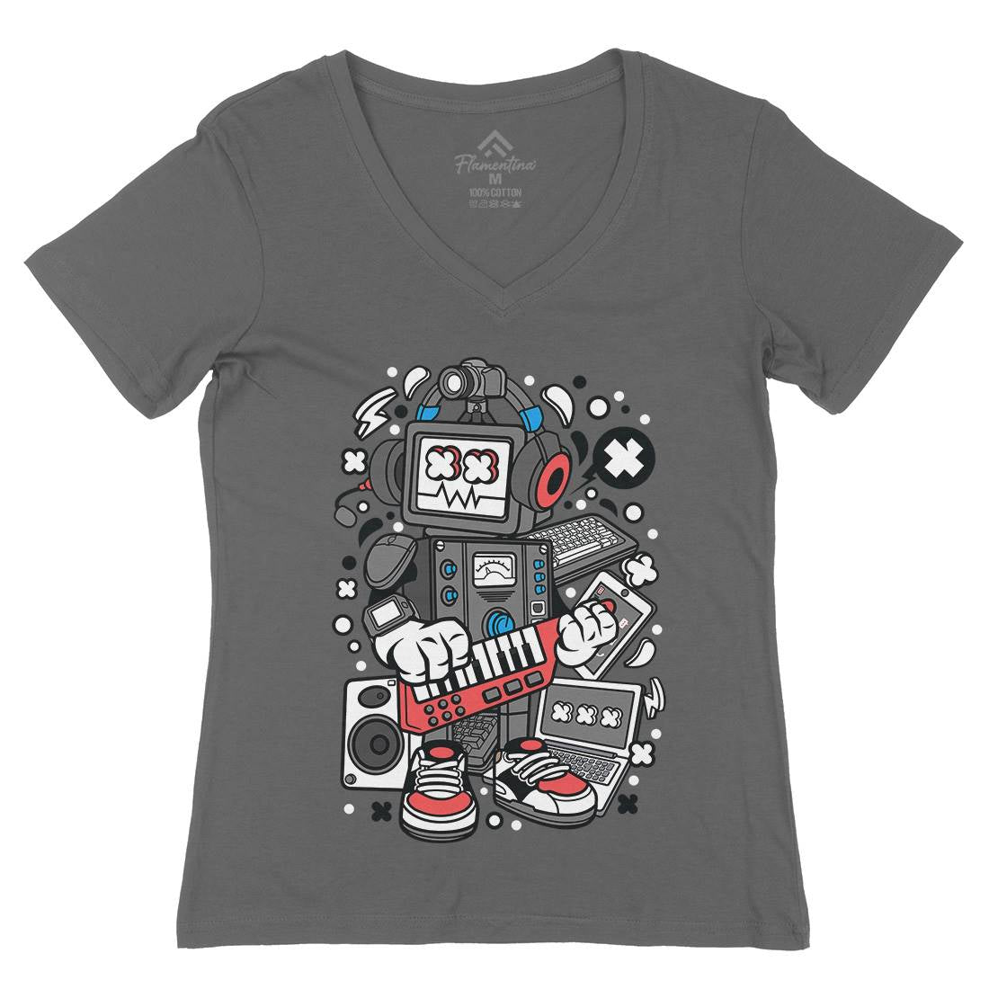 Robot Machine Womens Organic V-Neck T-Shirt Music C635