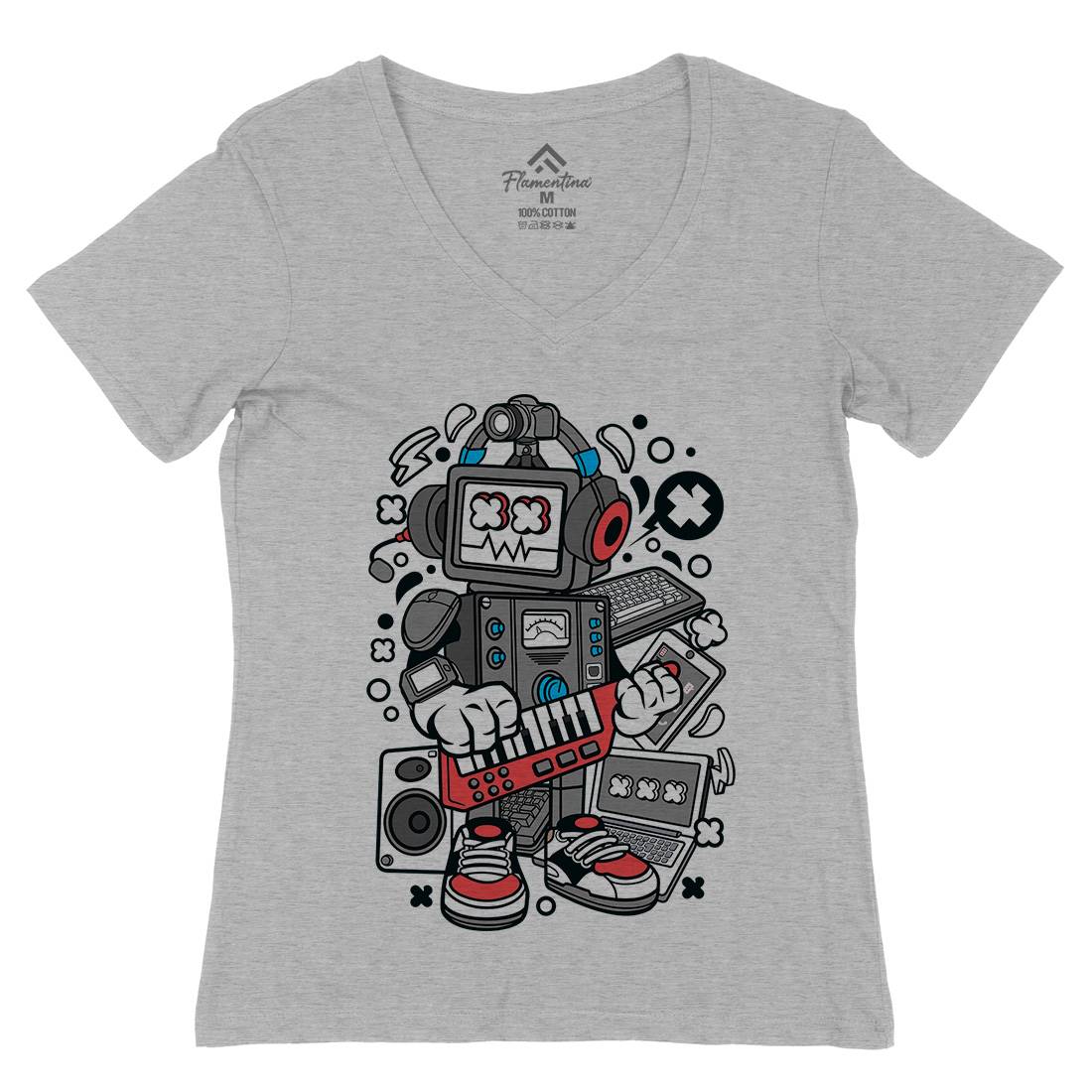 Robot Machine Womens Organic V-Neck T-Shirt Music C635