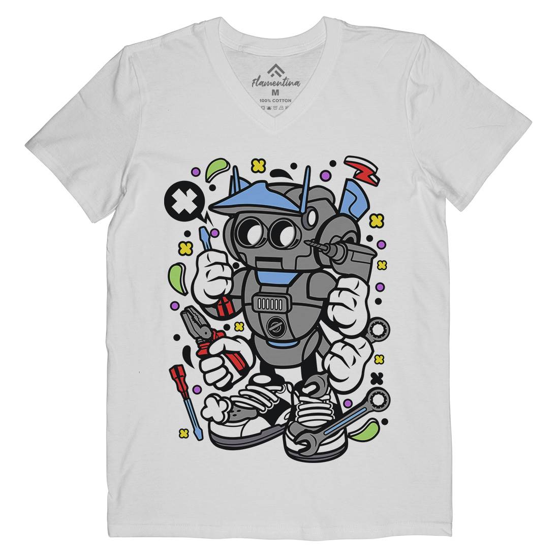 Robot Tools Mens Organic V-Neck T-Shirt Work C636