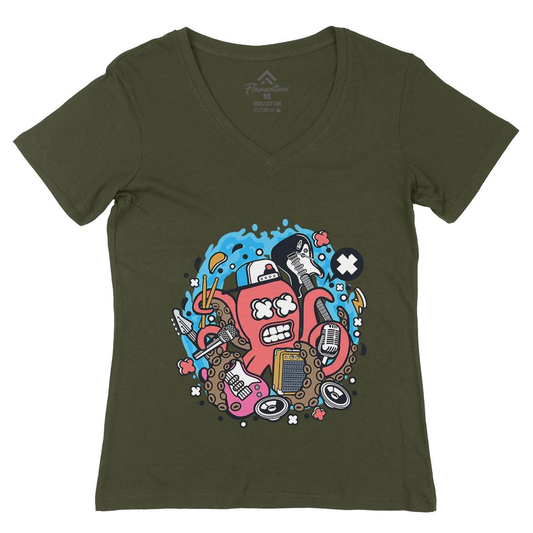 Rock Octopus Womens Organic V-Neck T-Shirt Music C637