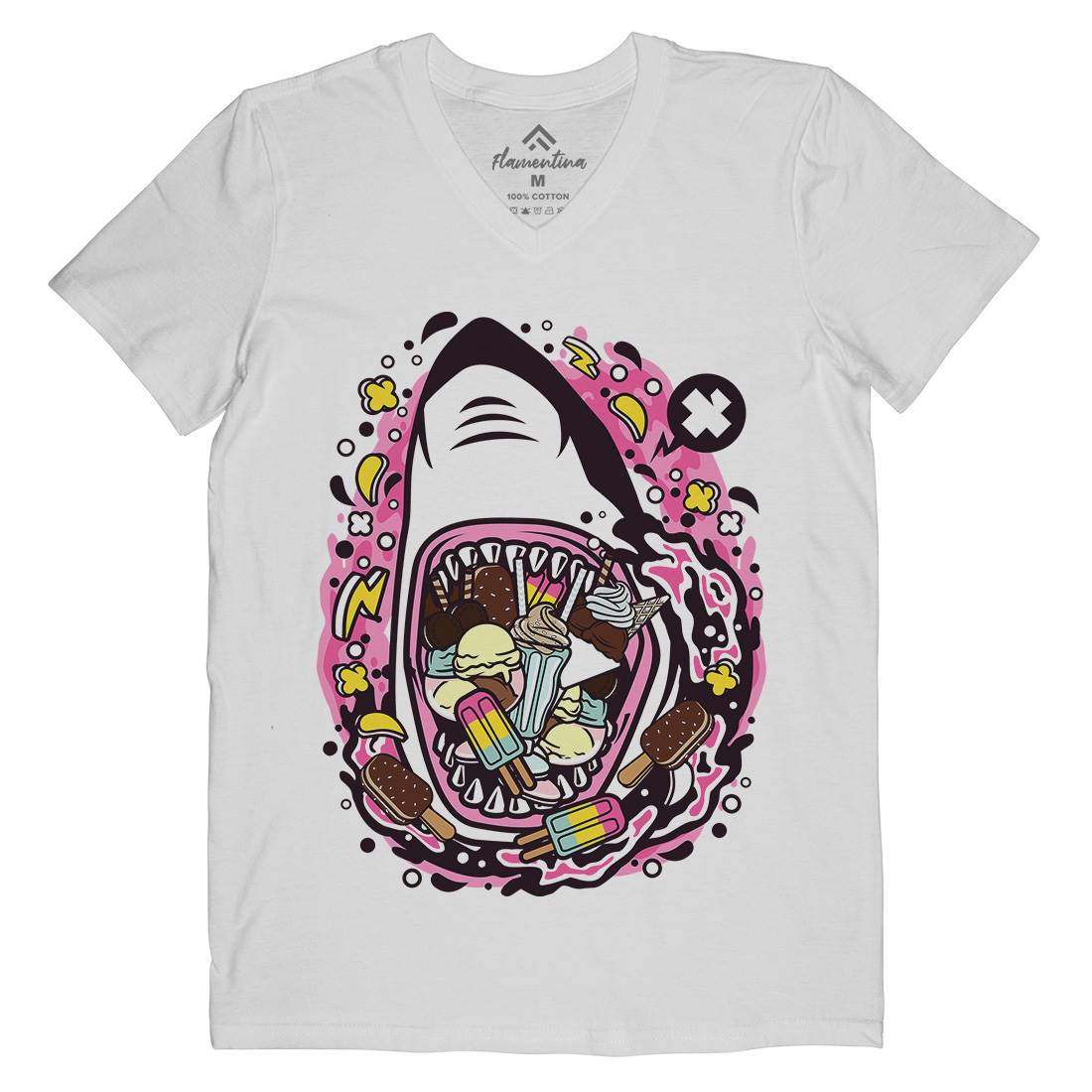 Shark Ice Cream Mens Organic V-Neck T-Shirt Food C644