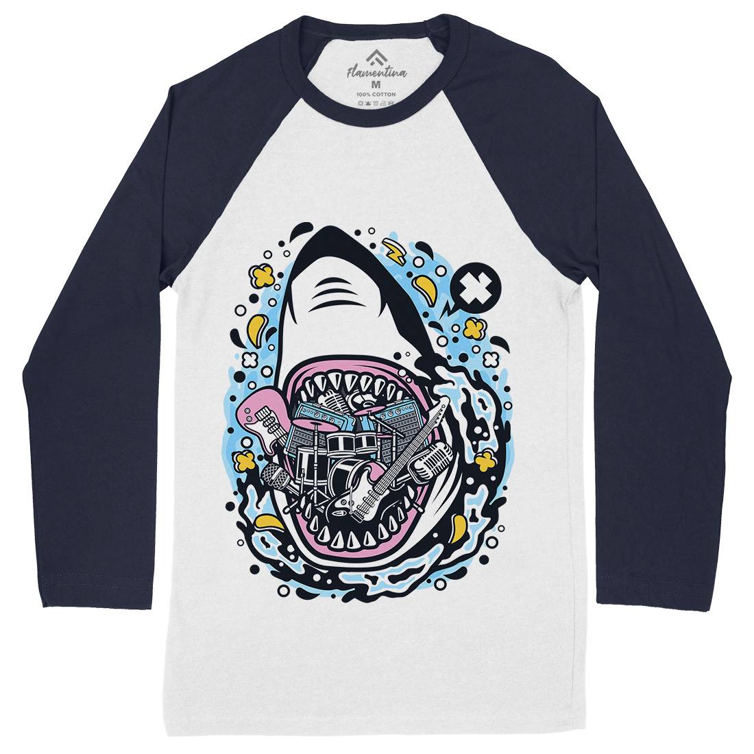 Shark Rock Mens Long Sleeve Baseball T-Shirt Music C646