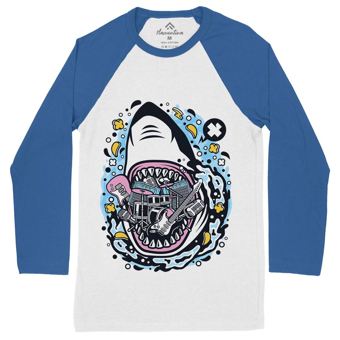 Shark Rock Mens Long Sleeve Baseball T-Shirt Music C646