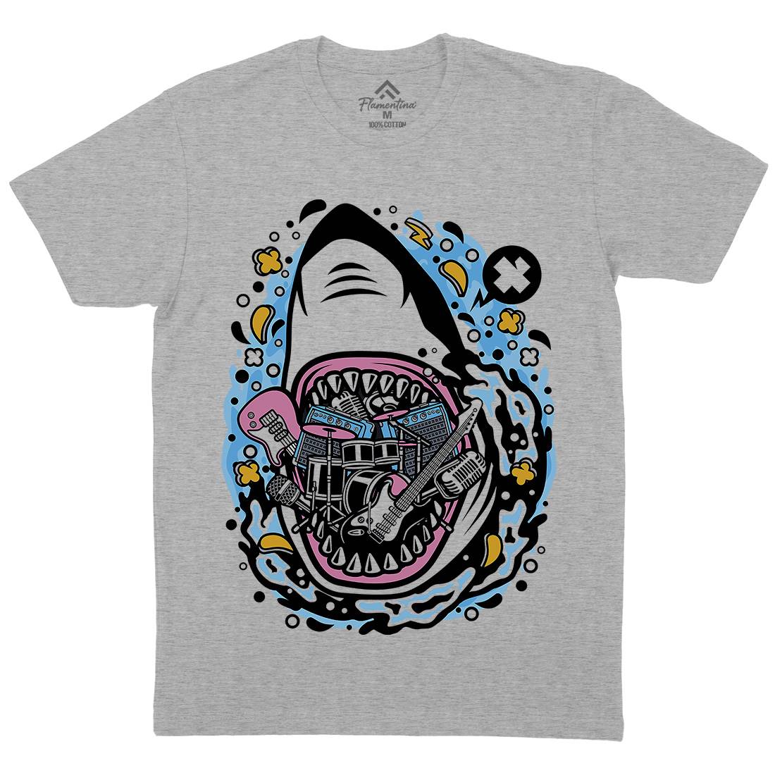 Shark Rock Mens Organic Crew Neck T-Shirt Music C646