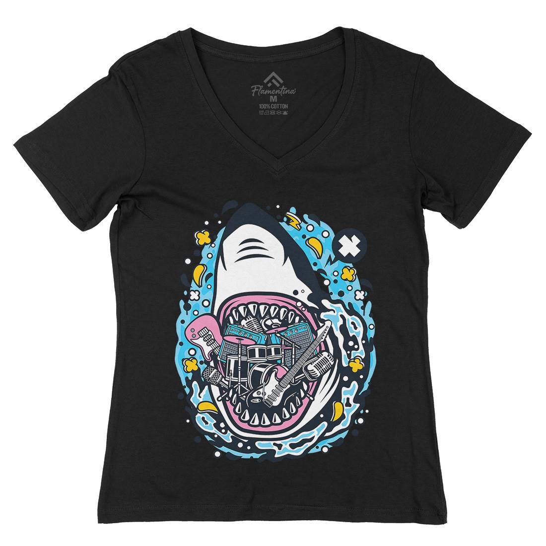 Shark Rock Womens Organic V-Neck T-Shirt Music C646