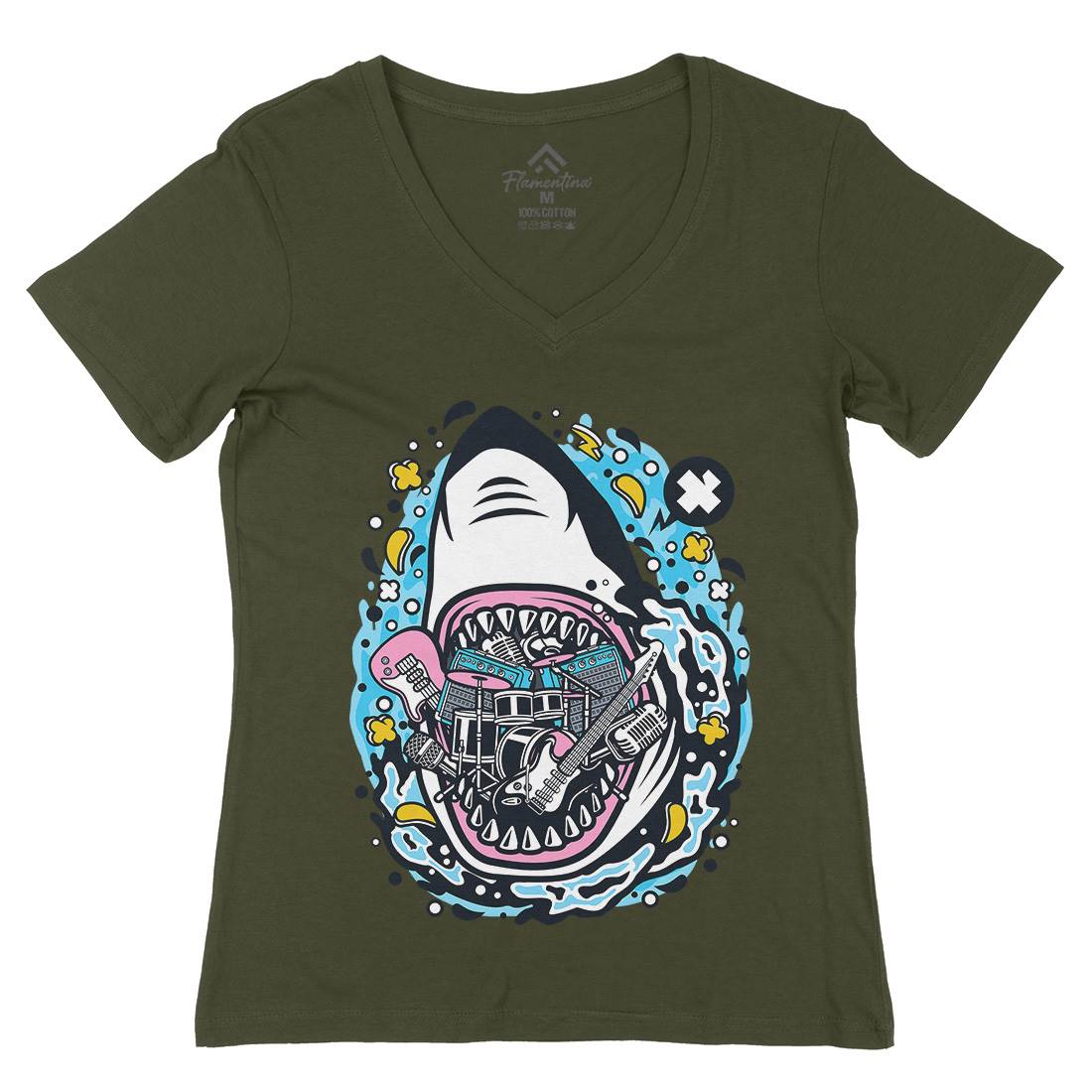 Shark Rock Womens Organic V-Neck T-Shirt Music C646