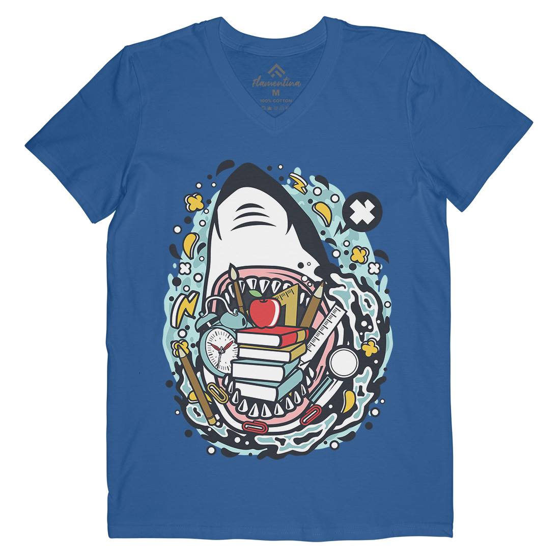 Shark School Mens V-Neck T-Shirt Work C647