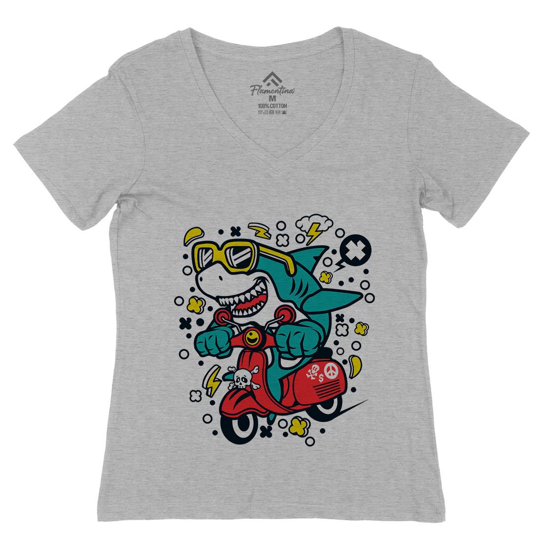 Shark Scooter Womens Organic V-Neck T-Shirt Motorcycles C648