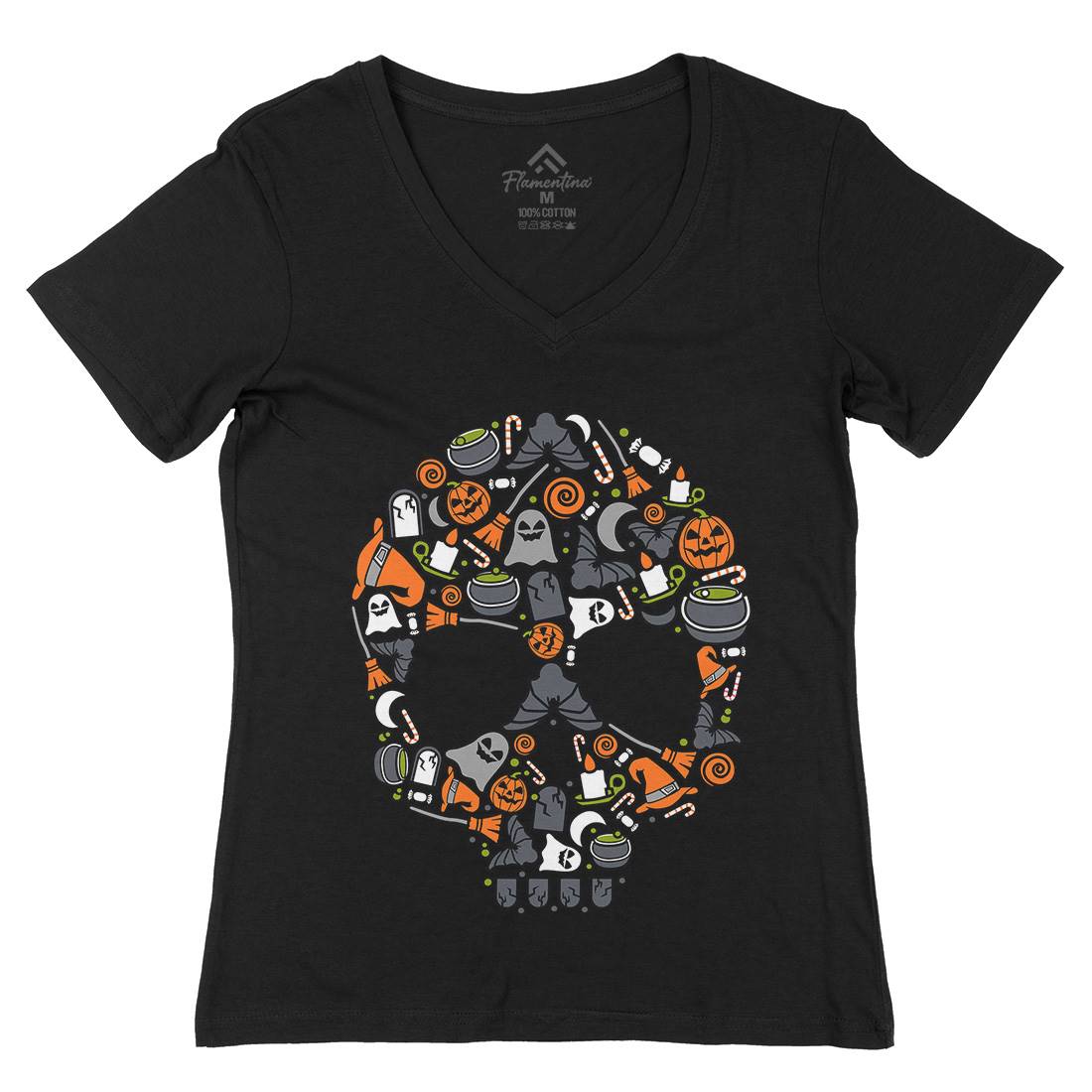 Skull Womens Organic V-Neck T-Shirt Halloween C653