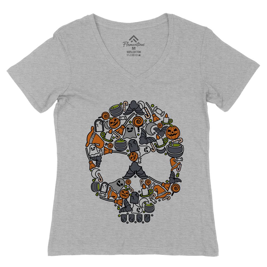 Skull Womens Organic V-Neck T-Shirt Halloween C653