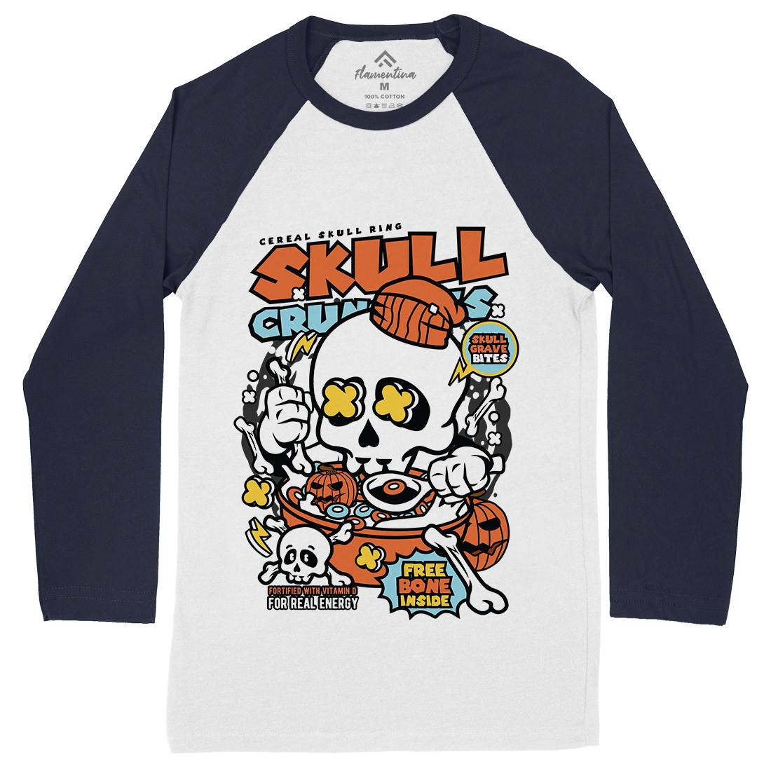 Skull Crunchies Mens Long Sleeve Baseball T-Shirt Food C656