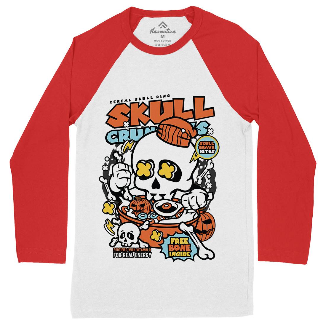 Skull Crunchies Mens Long Sleeve Baseball T-Shirt Food C656
