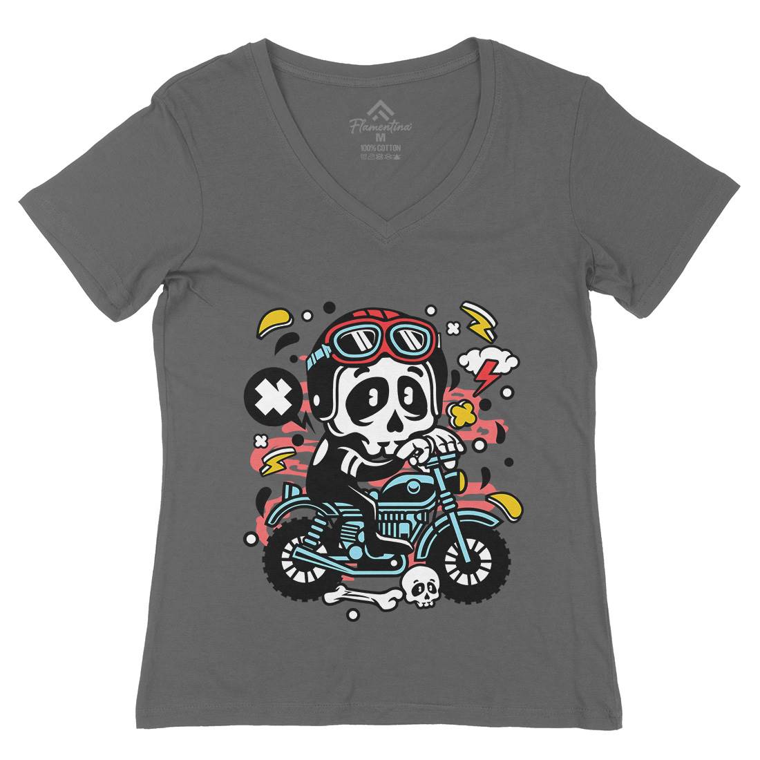 Skull Motocross Womens Organic V-Neck T-Shirt Motorcycles C658