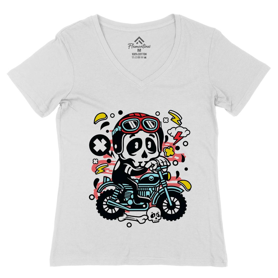 Skull Motocross Womens Organic V-Neck T-Shirt Motorcycles C658