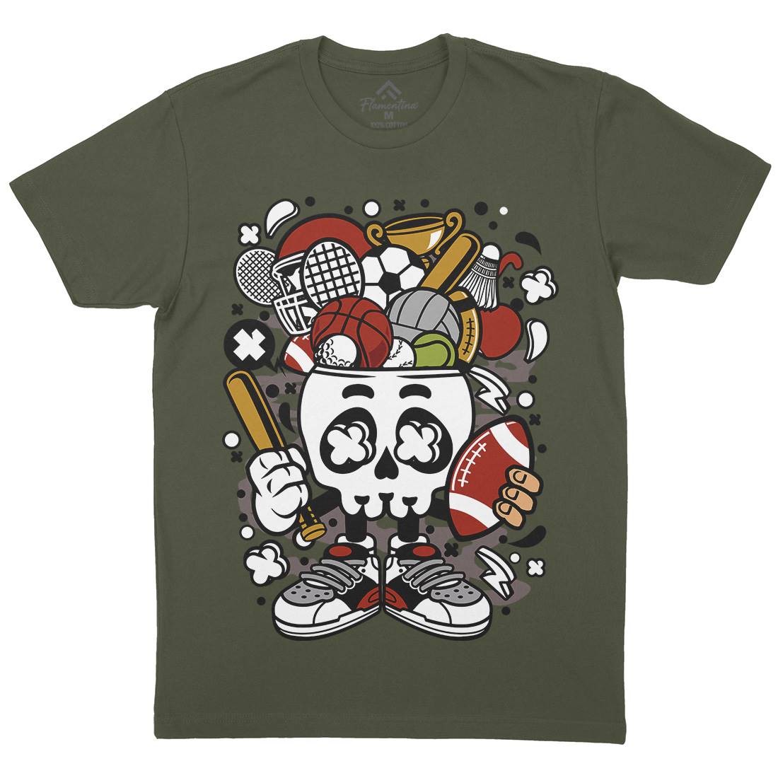 Sports Skull Head Mens Organic Crew Neck T-Shirt Sport C666