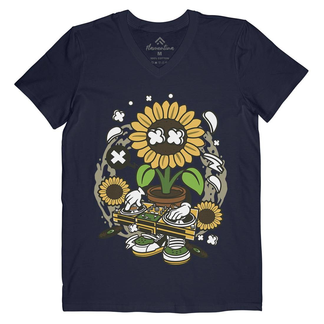 Sunflower Dj Mens Organic V-Neck T-Shirt Music C669