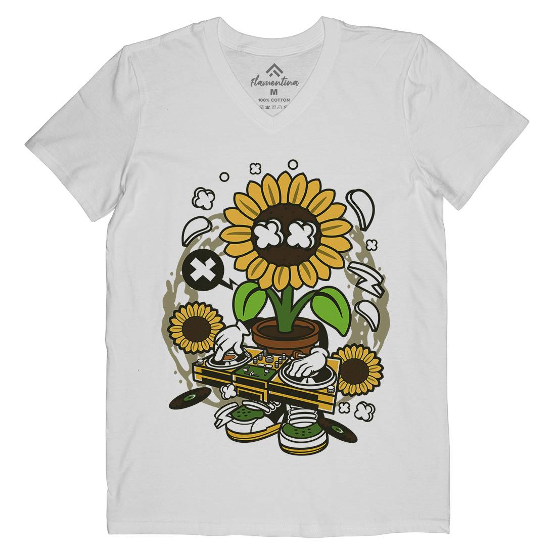 Sunflower Dj Mens Organic V-Neck T-Shirt Music C669