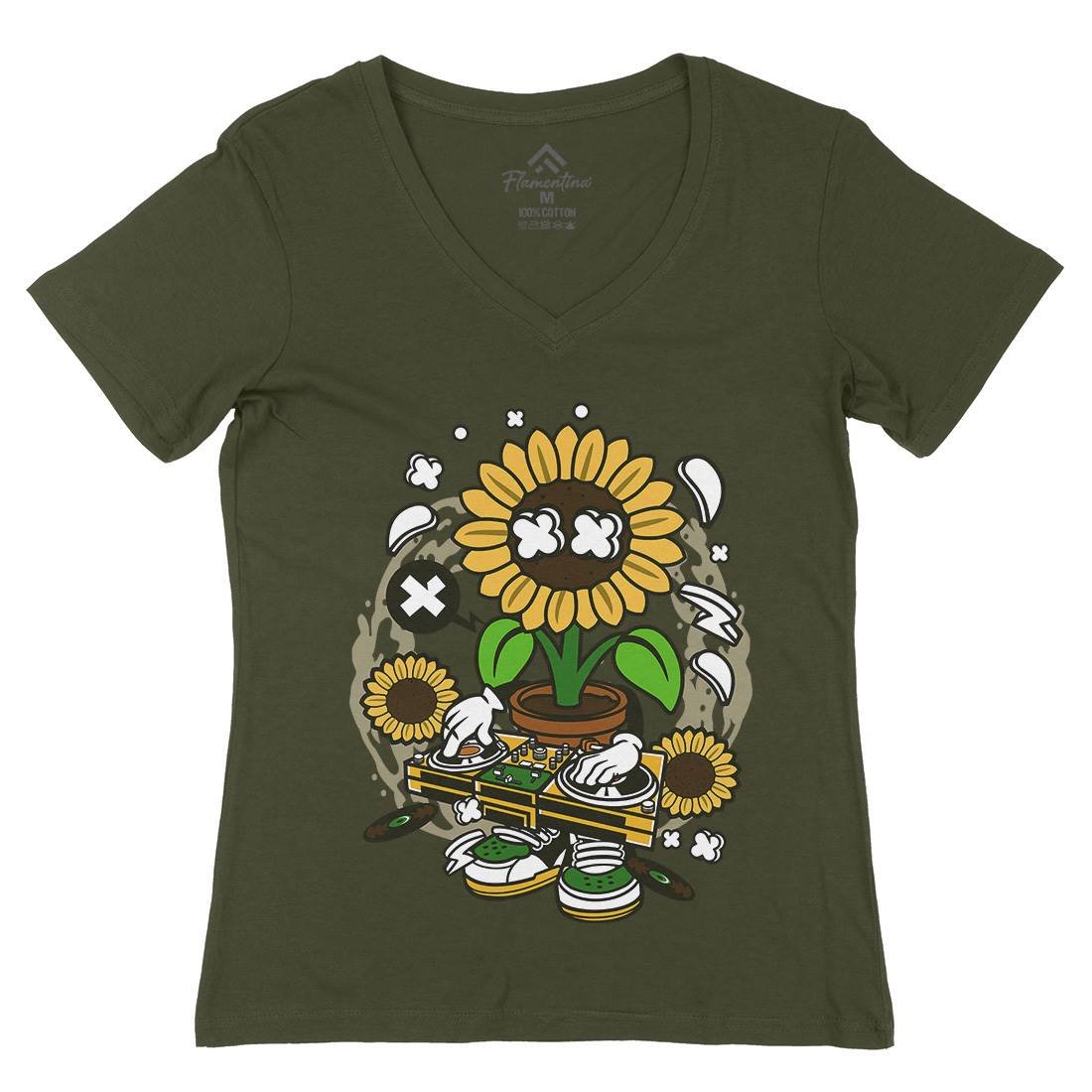 Sunflower Dj Womens Organic V-Neck T-Shirt Music C669