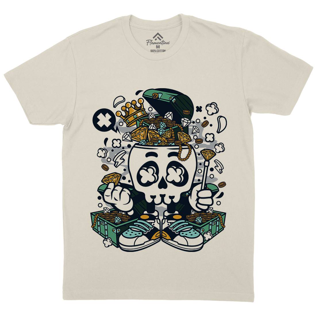 Treasure Skull Head Mens Organic Crew Neck T-Shirt Retro C680