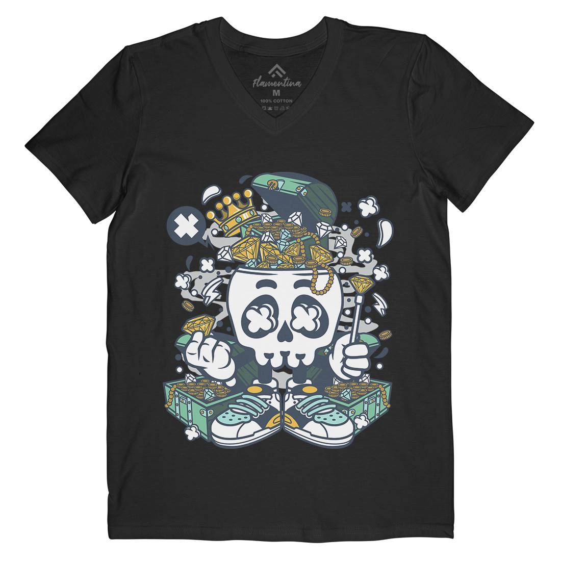 Treasure Skull Head Mens Organic V-Neck T-Shirt Retro C680