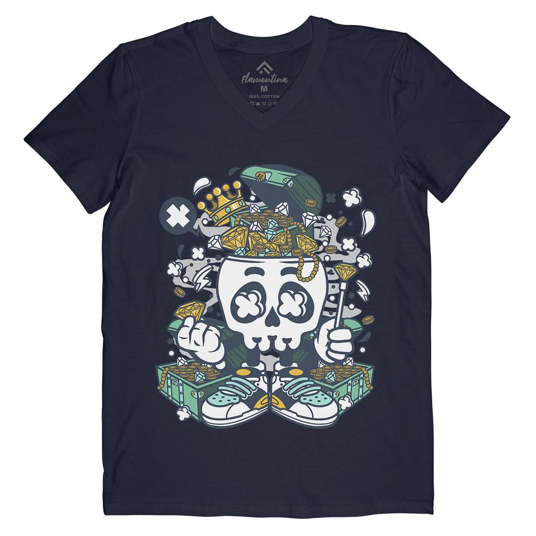 Treasure Skull Head Mens V-Neck T-Shirt Retro C680