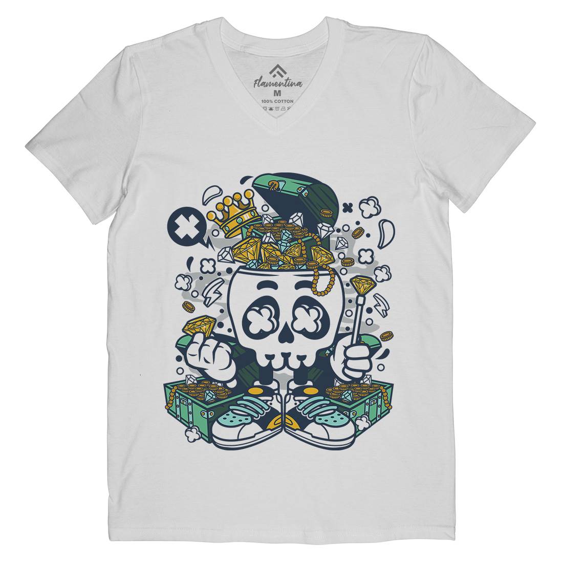 Treasure Skull Head Mens V-Neck T-Shirt Retro C680