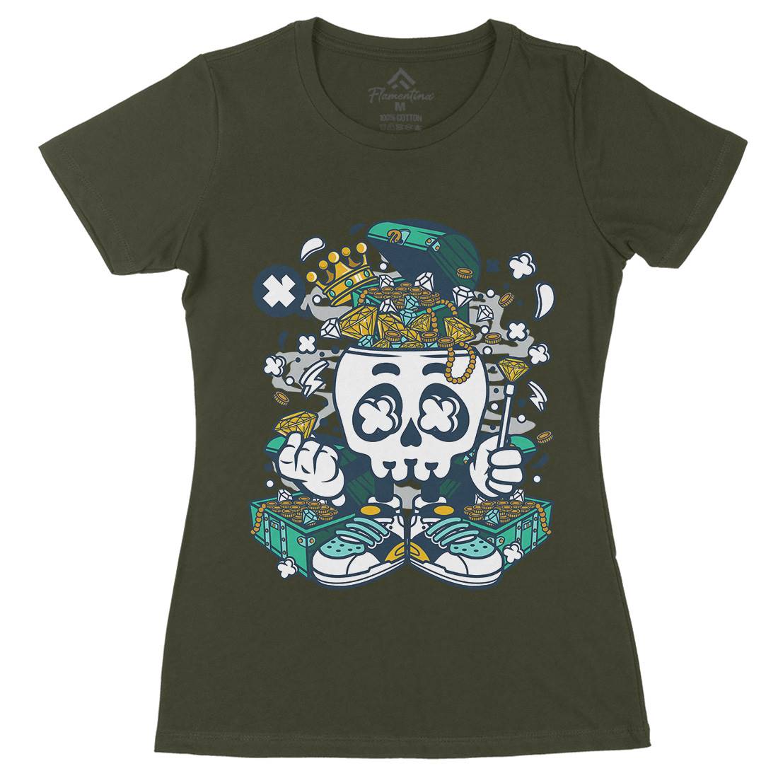 Treasure Skull Head Womens Organic Crew Neck T-Shirt Retro C680