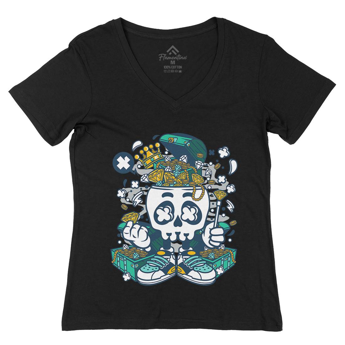 Treasure Skull Head Womens Organic V-Neck T-Shirt Retro C680