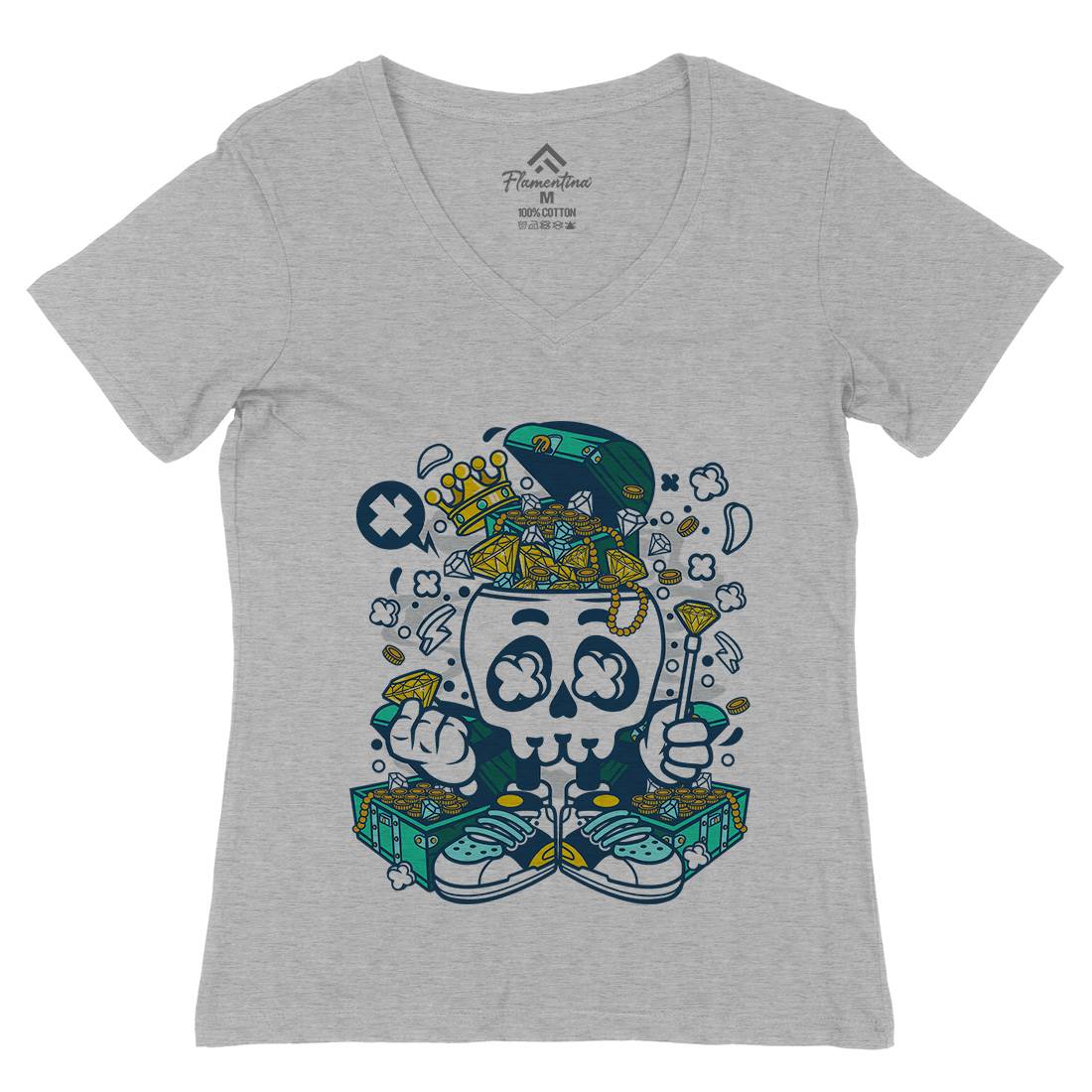 Treasure Skull Head Womens Organic V-Neck T-Shirt Retro C680