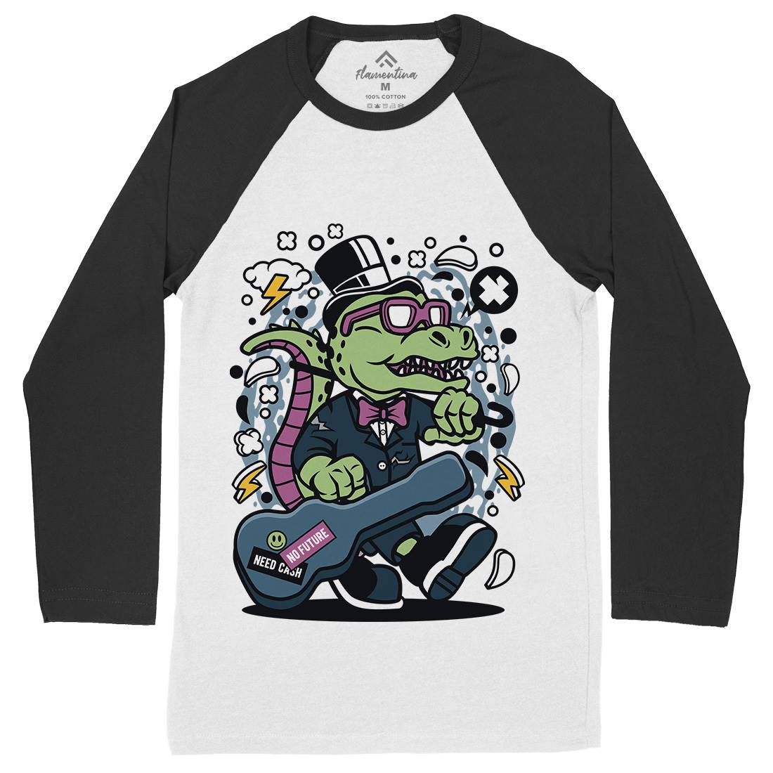 T-Rex Guitar Mens Long Sleeve Baseball T-Shirt Music C681