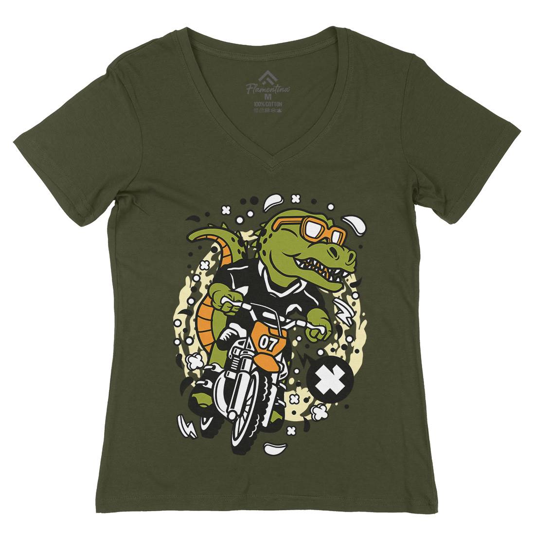 T-Rex Motocross Rider Womens Organic V-Neck T-Shirt Motorcycles C682