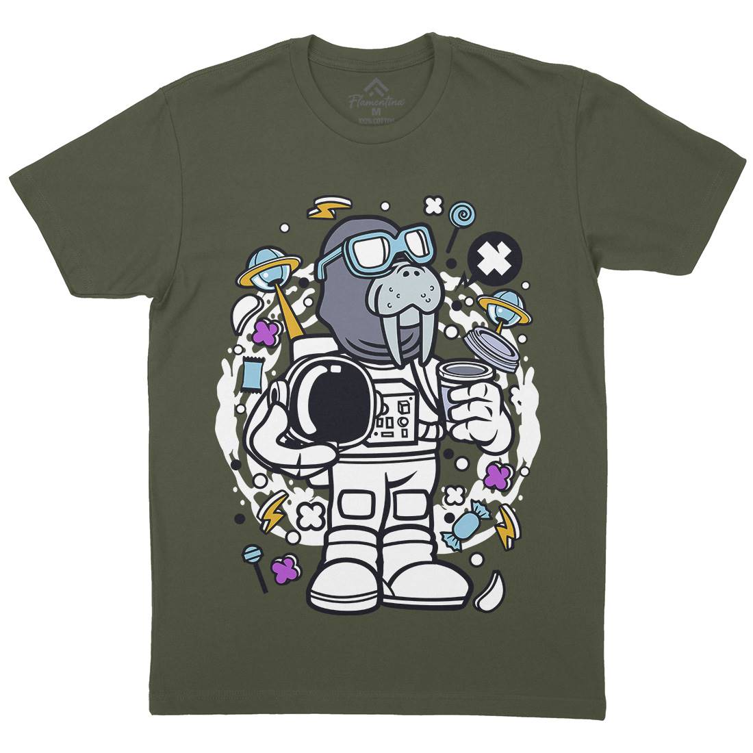 Walrus Astronaut Mens Organic Crew Neck T-Shirt Space C687