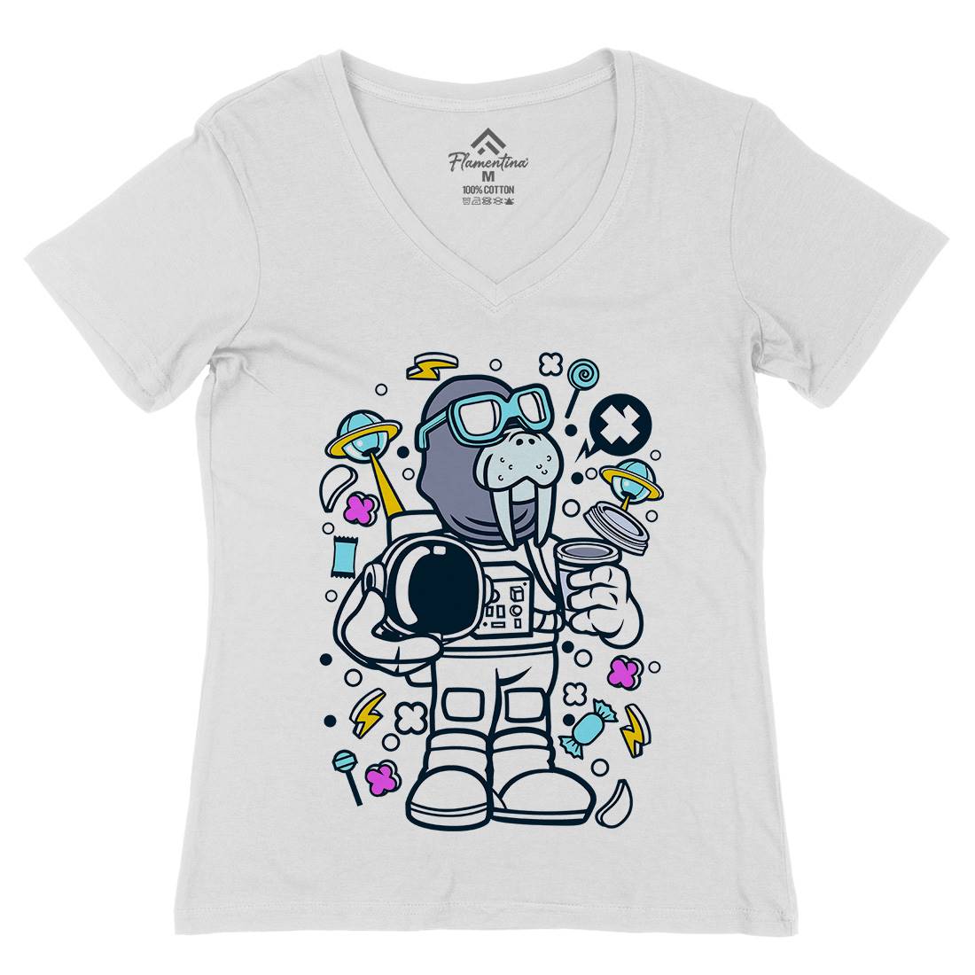 Walrus Astronaut Womens Organic V-Neck T-Shirt Space C687