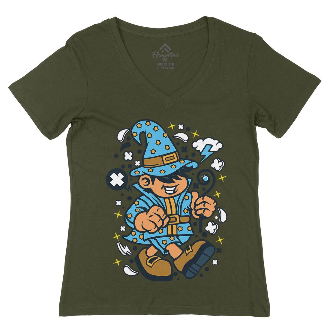 Wizard Kid Womens Organic V-Neck T-Shirt Retro C691
