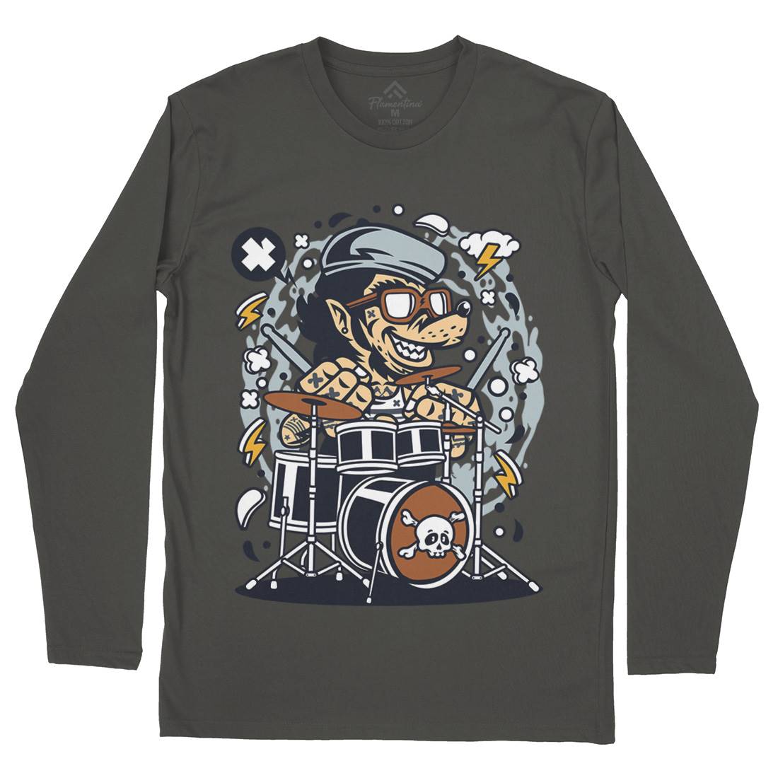 Wolf Drummer Mens Long Sleeve T-Shirt Music C693