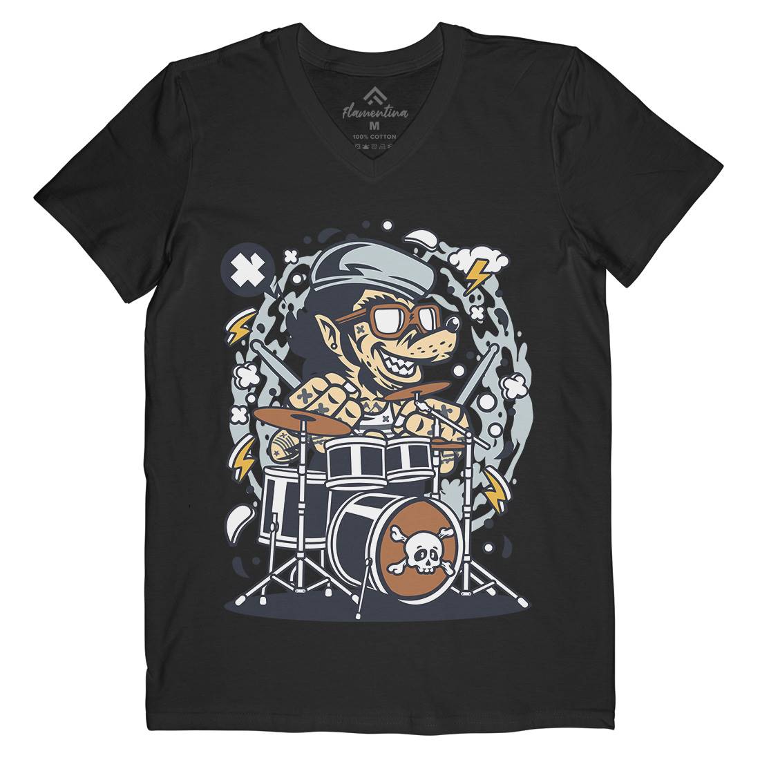 Wolf Drummer Mens Organic V-Neck T-Shirt Music C693