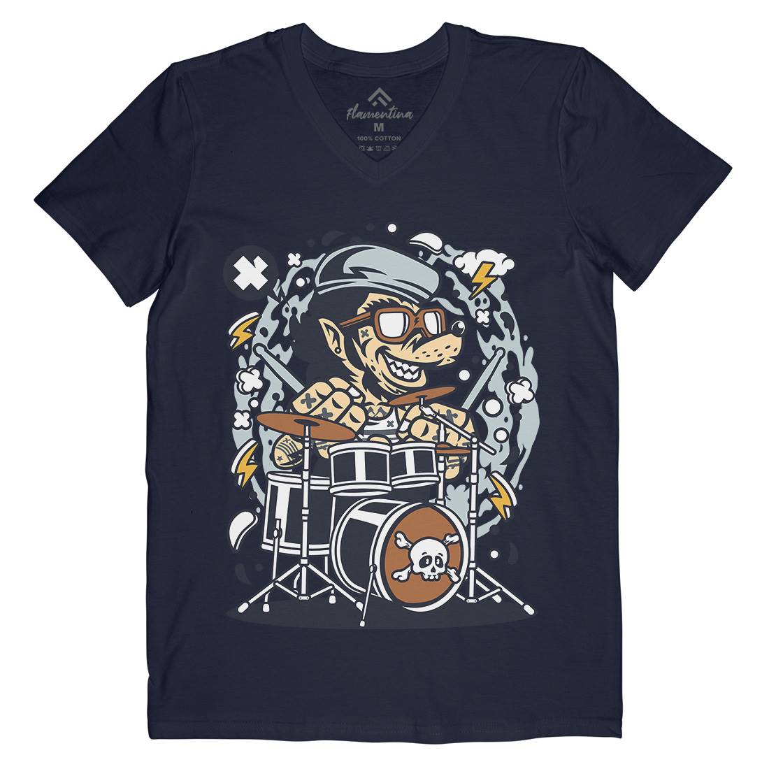Wolf Drummer Mens Organic V-Neck T-Shirt Music C693
